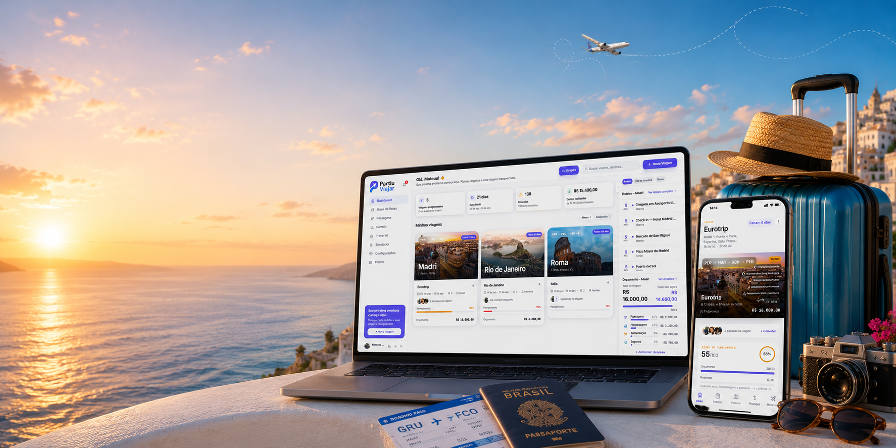 Partiu Viajar dashboard showing trips, itinerary, and budget